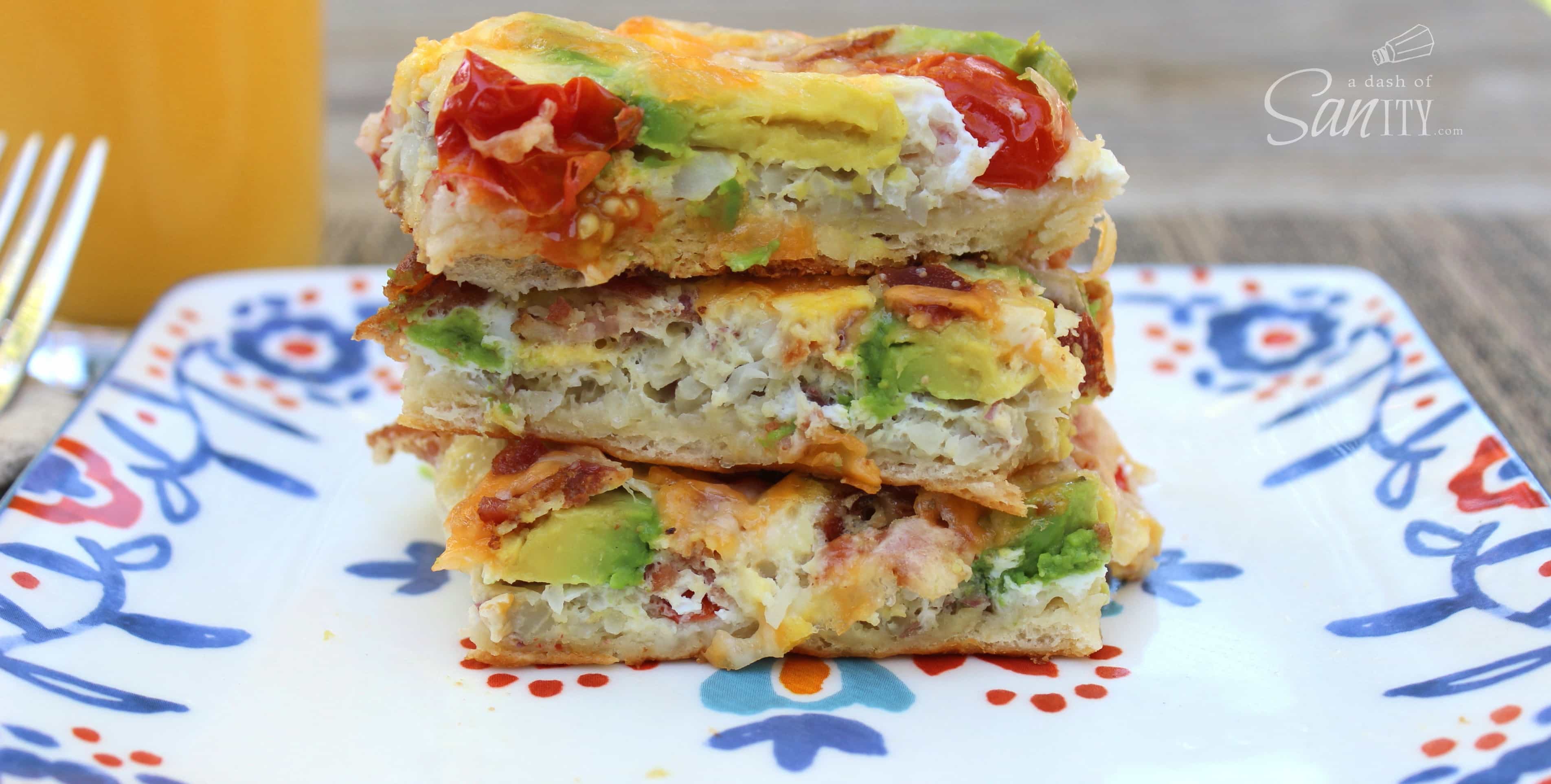 Easy Avocado Breakfast Casserole slices in a stack on a plate