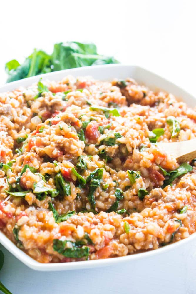 bowl of tomato and sausage risotto