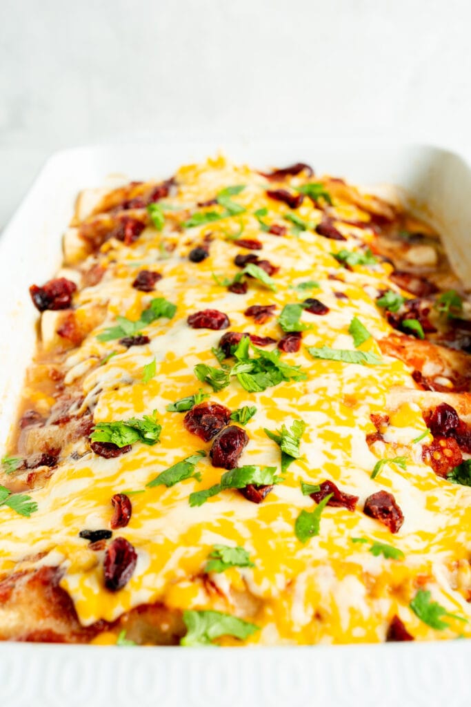Side view of cooked enchiladas with toppings