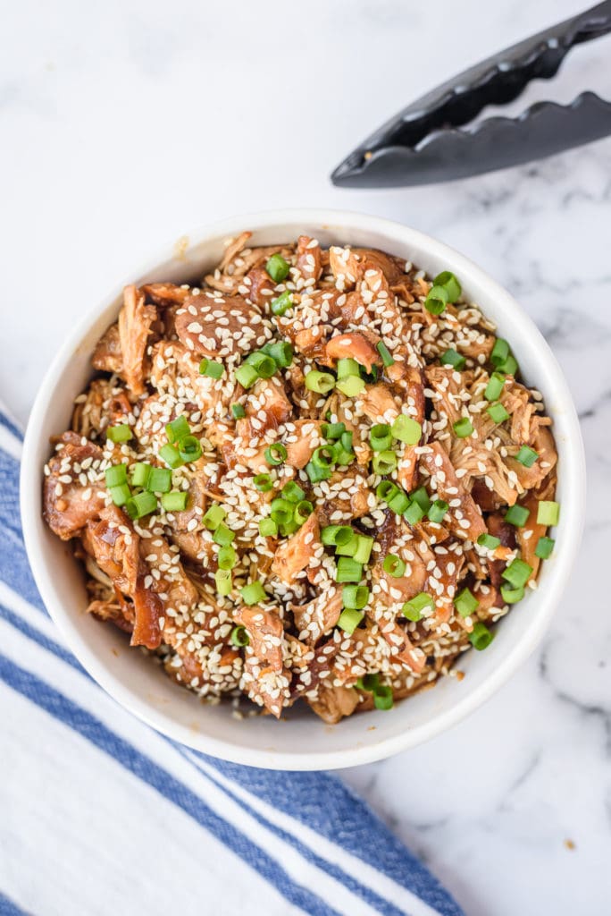 overhead photo of a bowl of honey garlic chicken