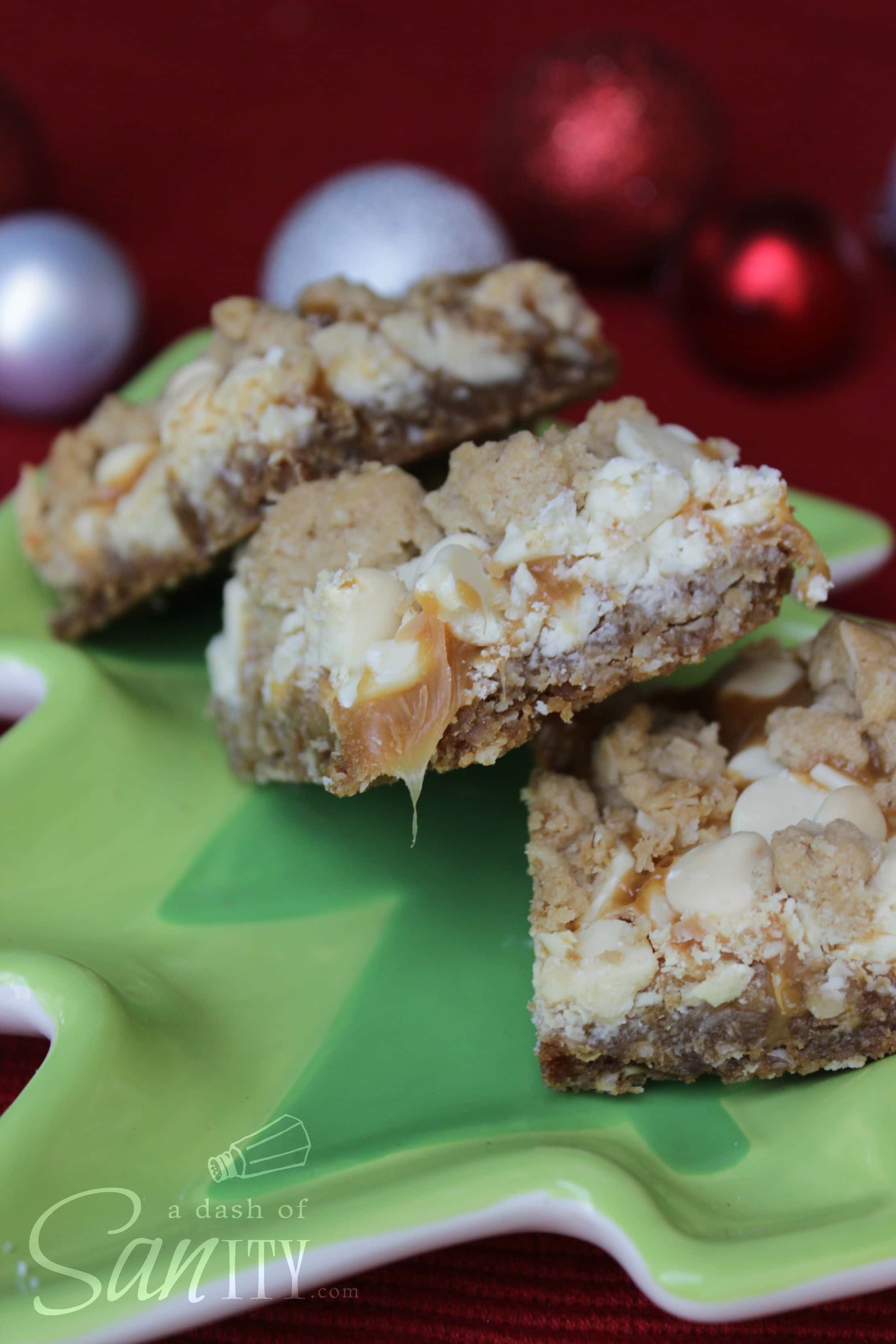 White Chocolate Caramel Bars served on a christmas tree shaped plate