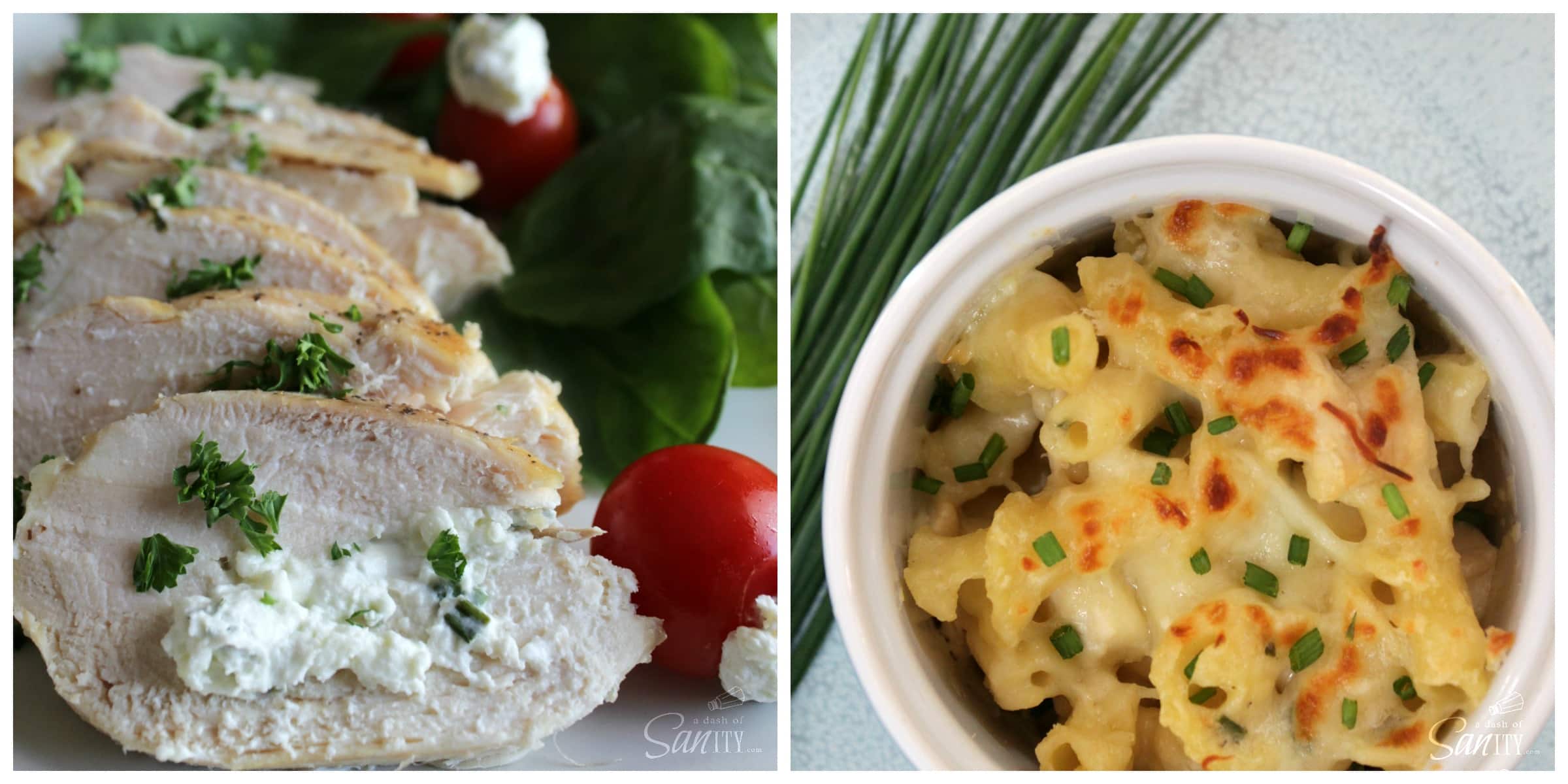 Chive & Garlic Chicken Two Ways: Stuffed Chicken Breast and Creamy Pasta Bake served