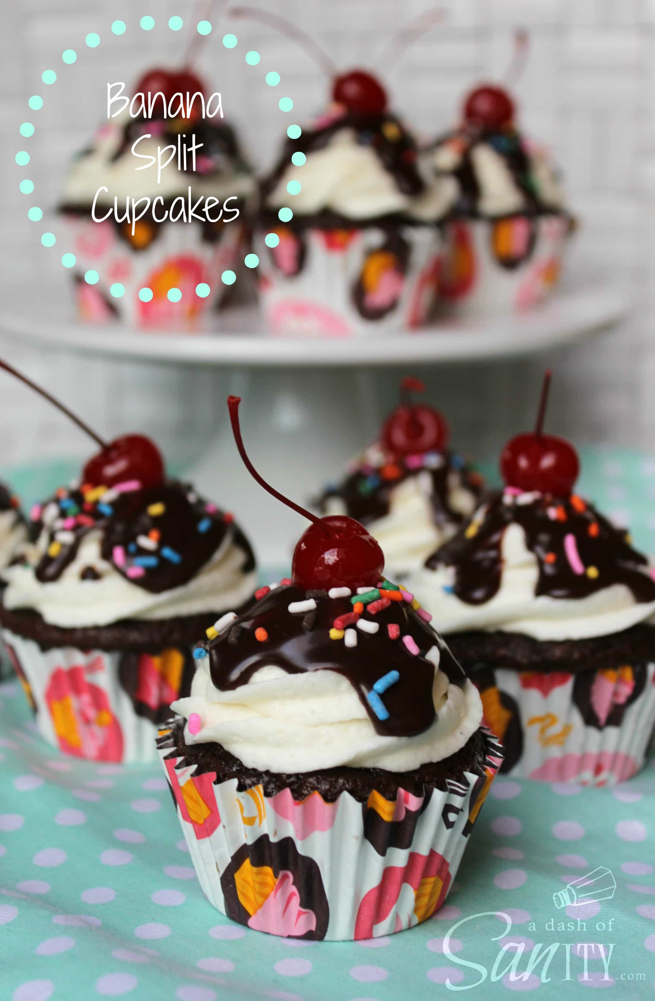 Banana Split Cupcakes on a cake stand and up close, cupcakes topped with hot fudge, sprinkles, and a cherry