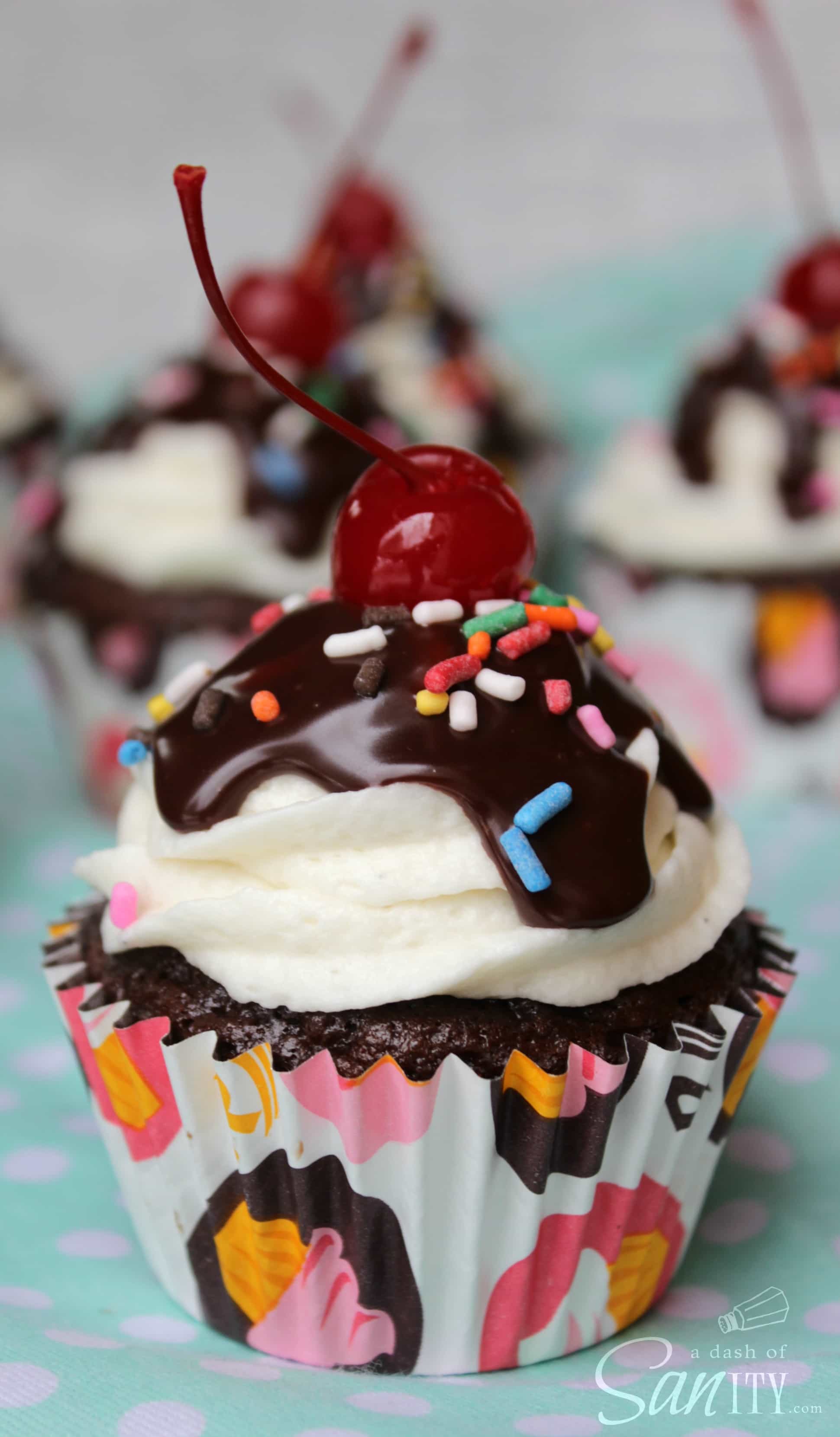 up close Banana Split Cupcake