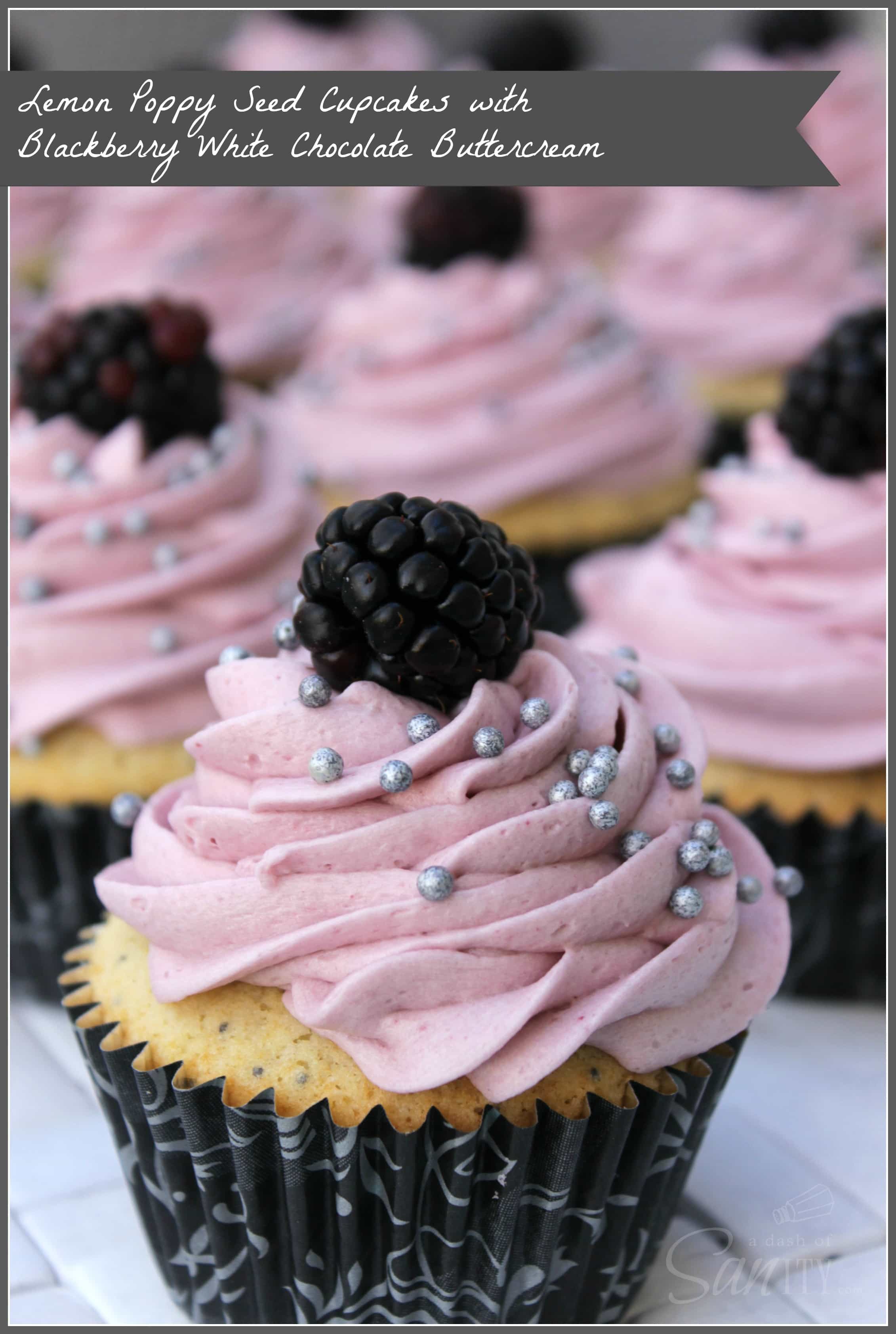 These Lemon-Poppy Seed Cupcake with Blackberry White Chocolate Buttercream are not only sweet to the eye but also to the palate. Lemon-Poppy Seed Cupcake with Blackberry White Chocolate Buttercream piped, with a blackberry and silver round sprinkles