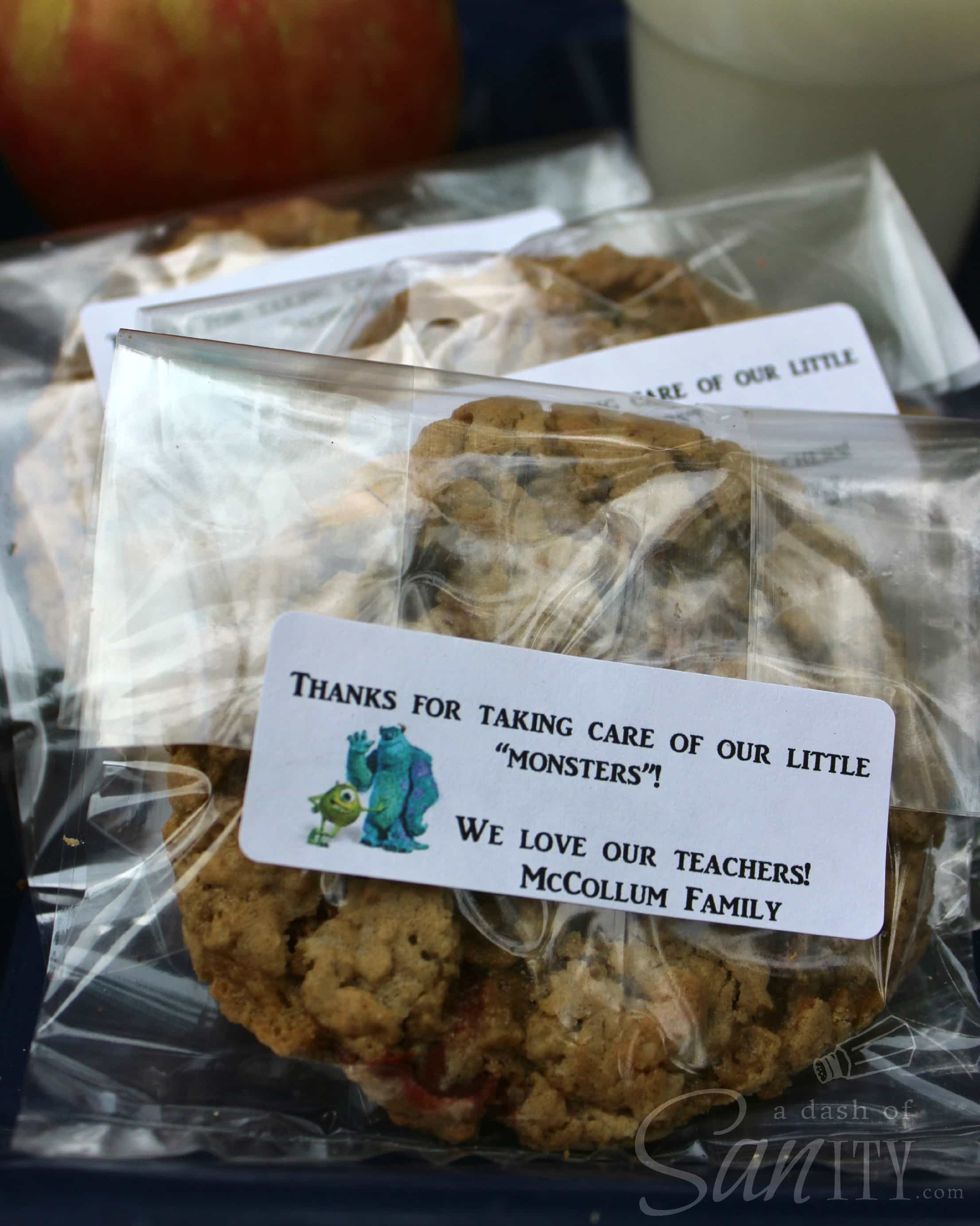 These Monster Cookies and "Monster" Teacher Treats are soft, chewy cookies, perfect for a back-to-school teacher treat. They are utterly irresistible! Monster Cookies in plastic wrappes with a label that says " Thanks for taking care of our little monsters! we love our teachers! - Mccollum family"