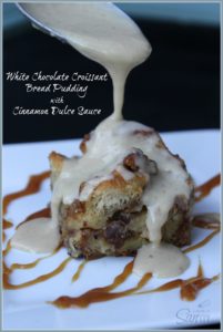 White Chocolate Croissant Bread Pudding with Cinnamon Dulce Sauce
