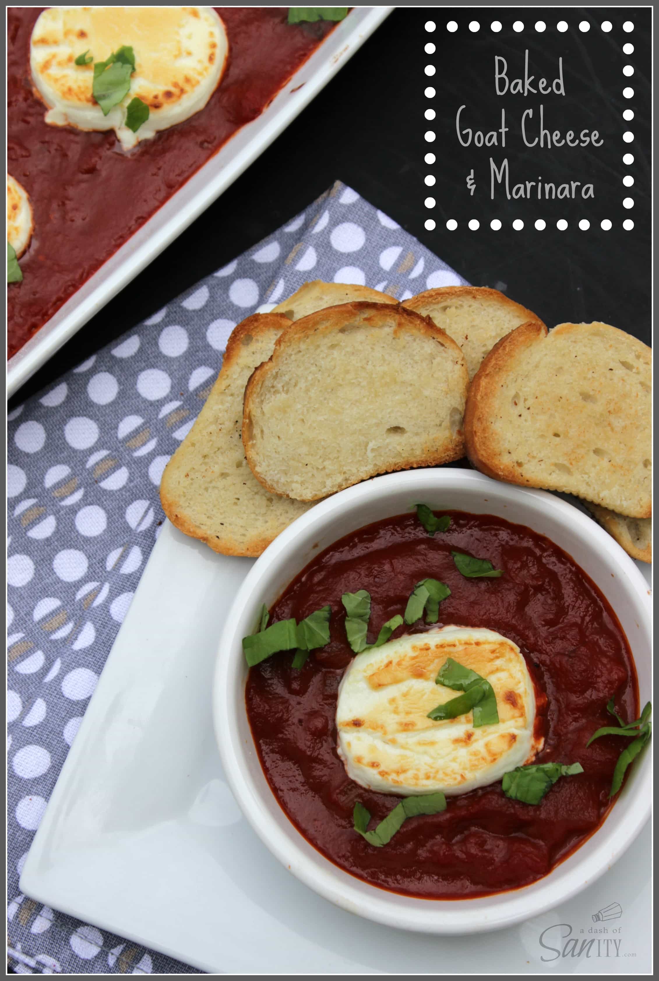 Baked Goat Cheese and Marinara is a simple, subtle sauce with tomatoes, onion, garlic, and basil, letting the goat cheese be the star of this dish. Baked Goat Cheese and Marinara