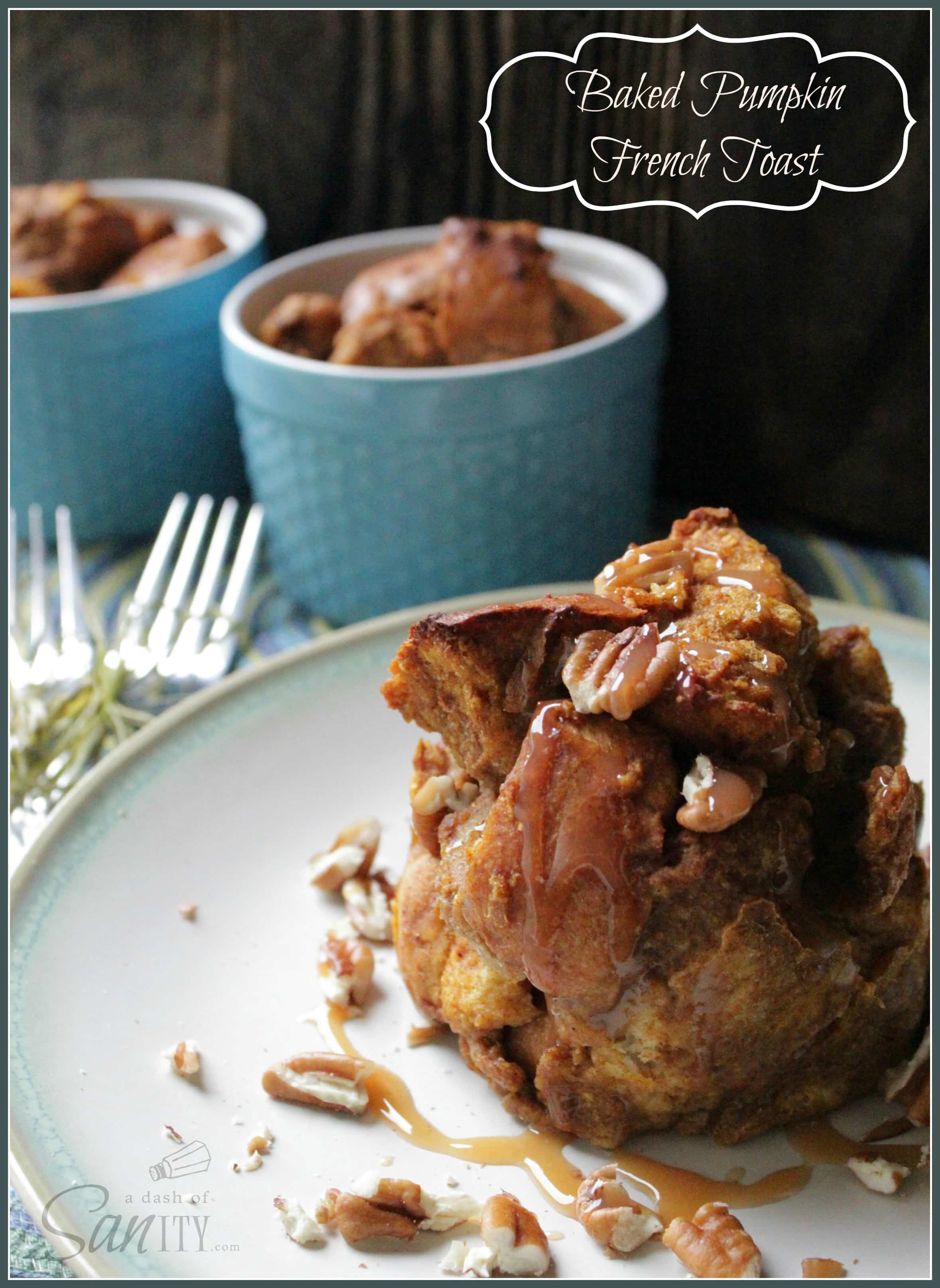 This Baked Pumpkin French Toast is easy to make, healthy, and totally delicious. This can be made and baked in just 45 minutes. Enjoy! Baked Pumpkin French Toast served on a plate with 2 ceramic bowls with Baked Pumpkin French Toast in them in background