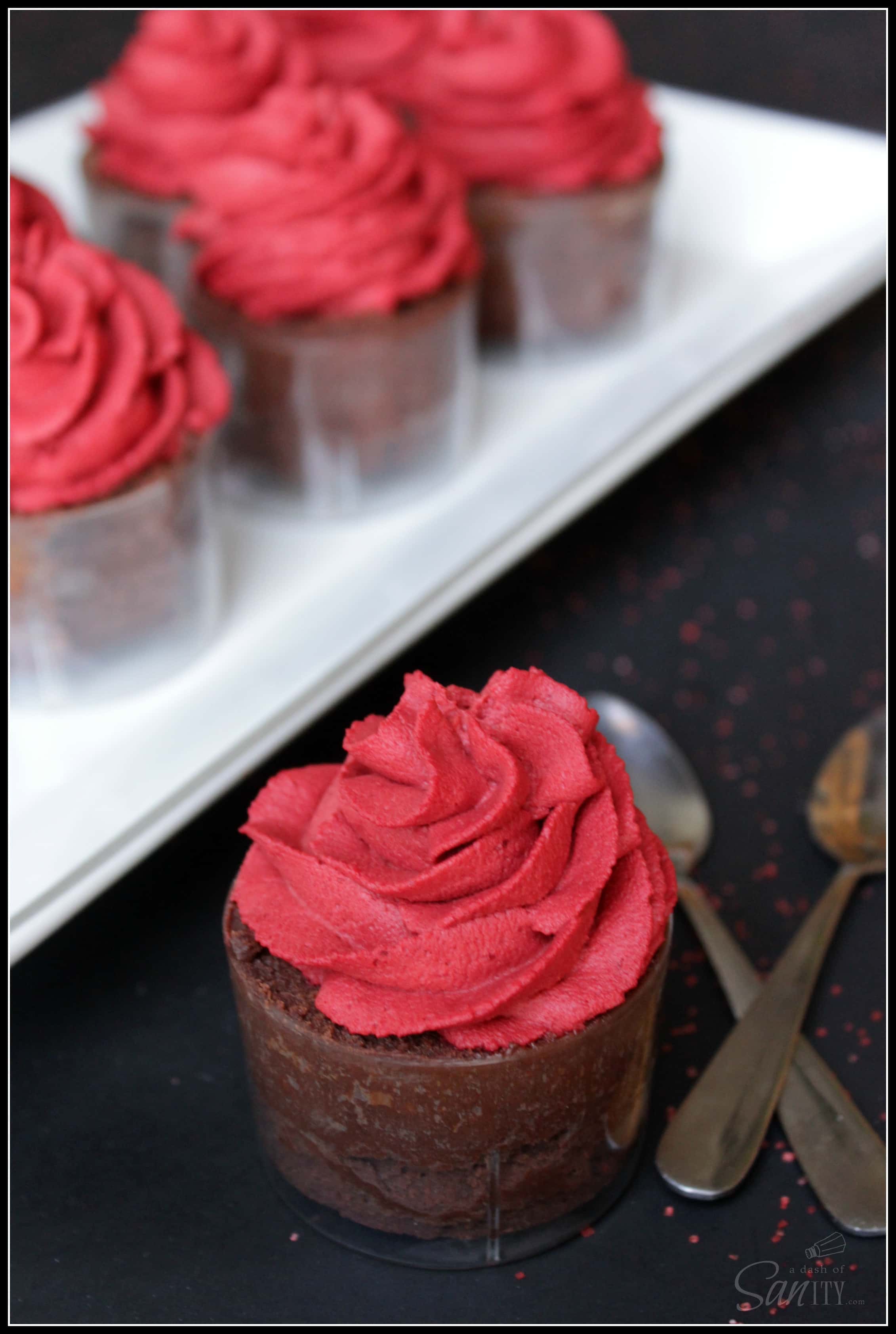 Decadent Chocolate Flourless Cake with Red Velvet Mousse served in small clear mousse cups