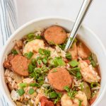 overhead view of a bowl of jambalaya