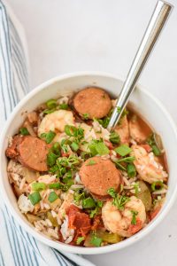 overhead view of a bowl of jambalaya