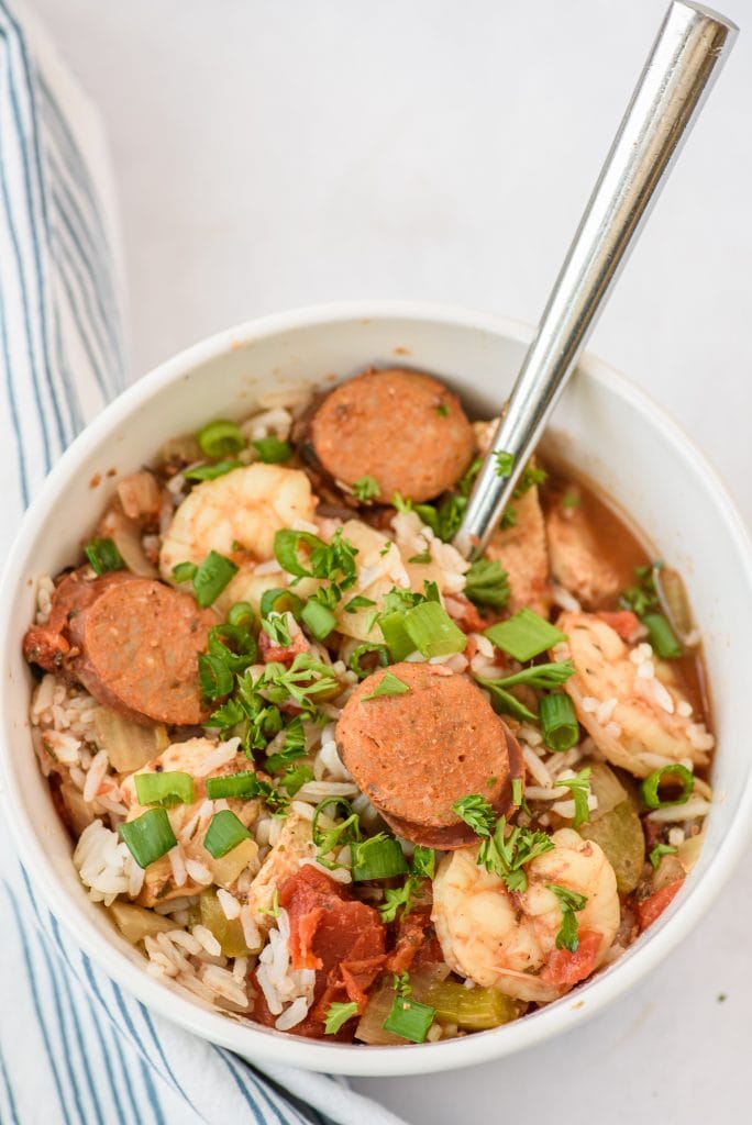 overhead view of a bowl of jambalaya 