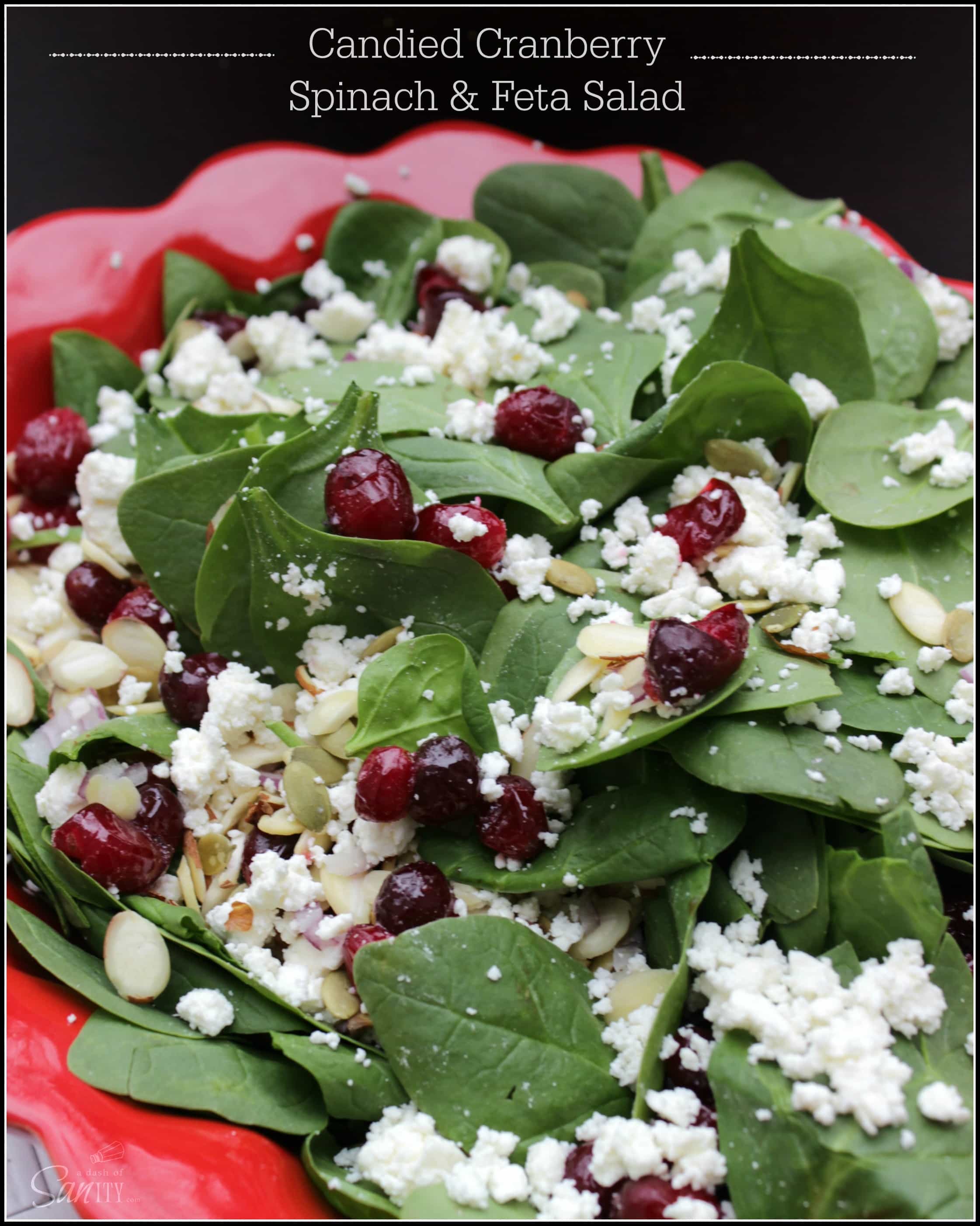 Candied Cranberry Spinach and Feta Salad served in a red bowl