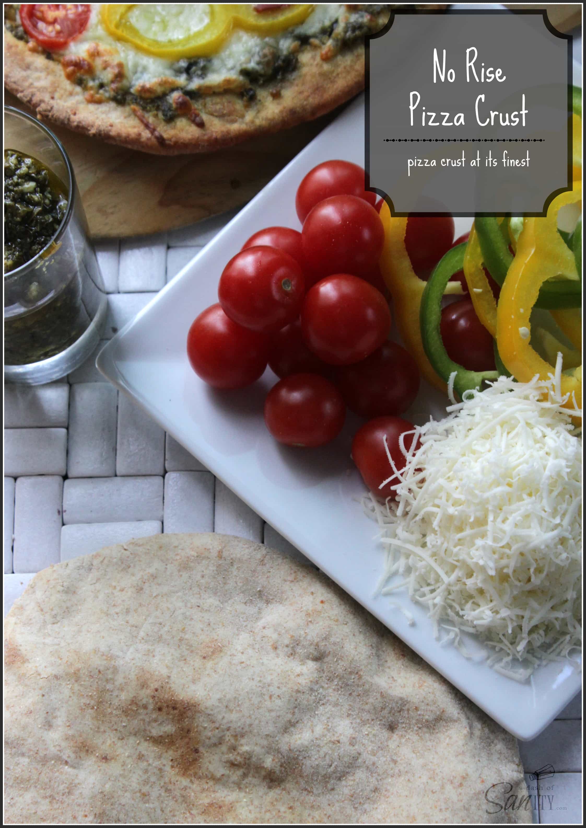 No-Rise Pizza Crust with a plate of toppings: tomatoes, bell pepper slices, and shredded cheese