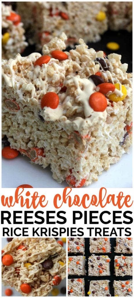 White Chocolate Reese's Pieces Rice Krispies Treats - white chocolate, Reese’s Pieces, and a gooey marshmallow treat melded into one of the finest snacks. White Chocolate & Reese’s Pieces Rice Krispie Treats pinterest image