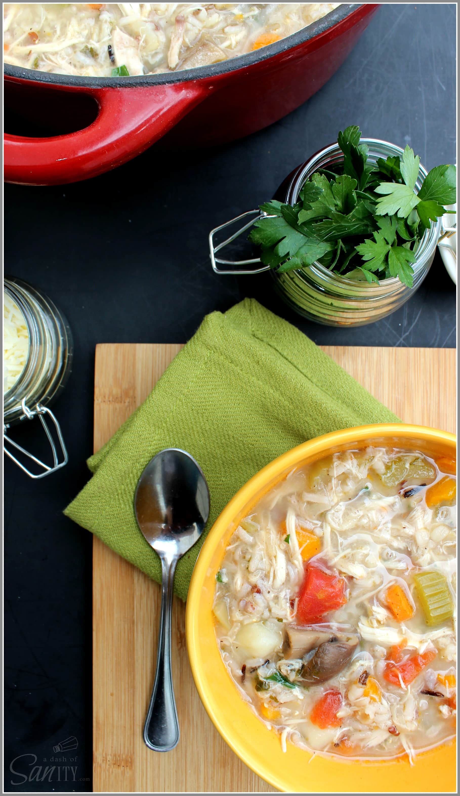 Healthy Wild Rice and Chicken Soup is a delicious hearty soup with a peppery broth, wild rice, fresh vegetables, and tender chicken and potatoes.