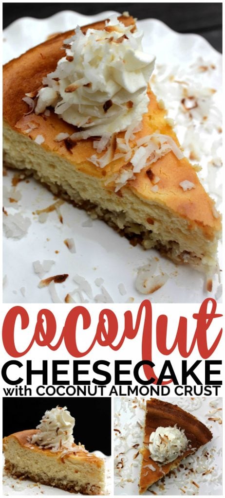Coconut Cheesecake with Coconut Almond Crust is a creamy gluten free dessert. This unique crust offers a touch of sweetness with the coconut and almonds. Coconut Cheesecake with Coconut Almond Crust pinterest image