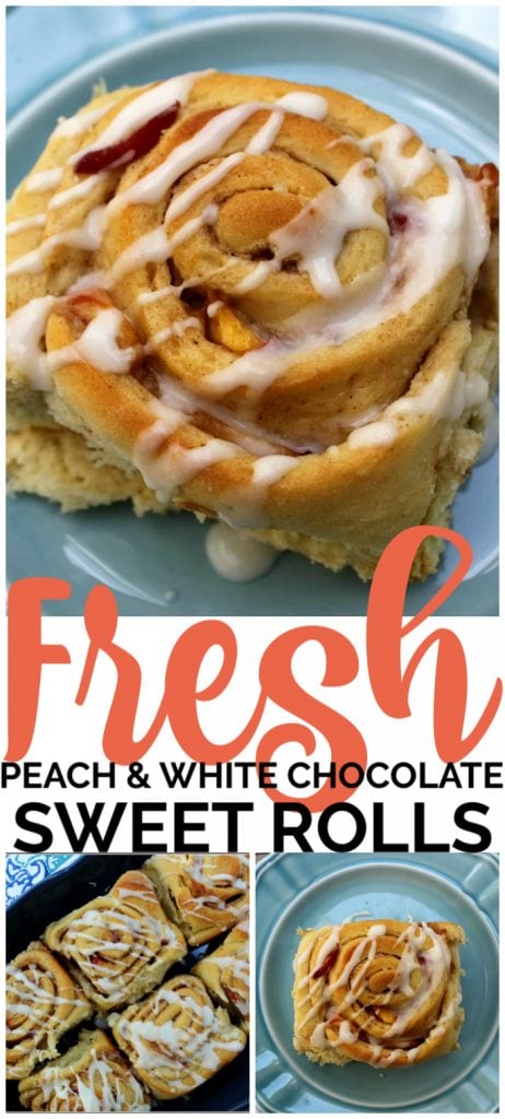 Fresh Peach & White Chocolate Sweet Rolls with white chocolate filling, fresh peaches, cinnamon, and sugar will please anyone with a sweet tooth or not. Fresh Peach & White Chocolate Sweet Rolls pinterest image (1)