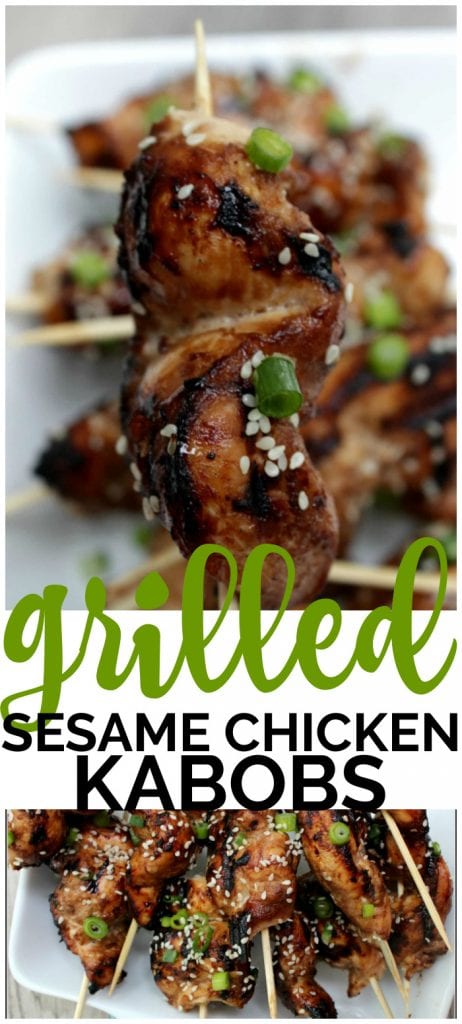 Grilled Sesame Chicken Kabobs are a fun & healthier version of our favorite Chinese take out chicken recipe. Easy, delicious, and juicy chicken. Grilled Sesame Chicken Kabobs pinterest image