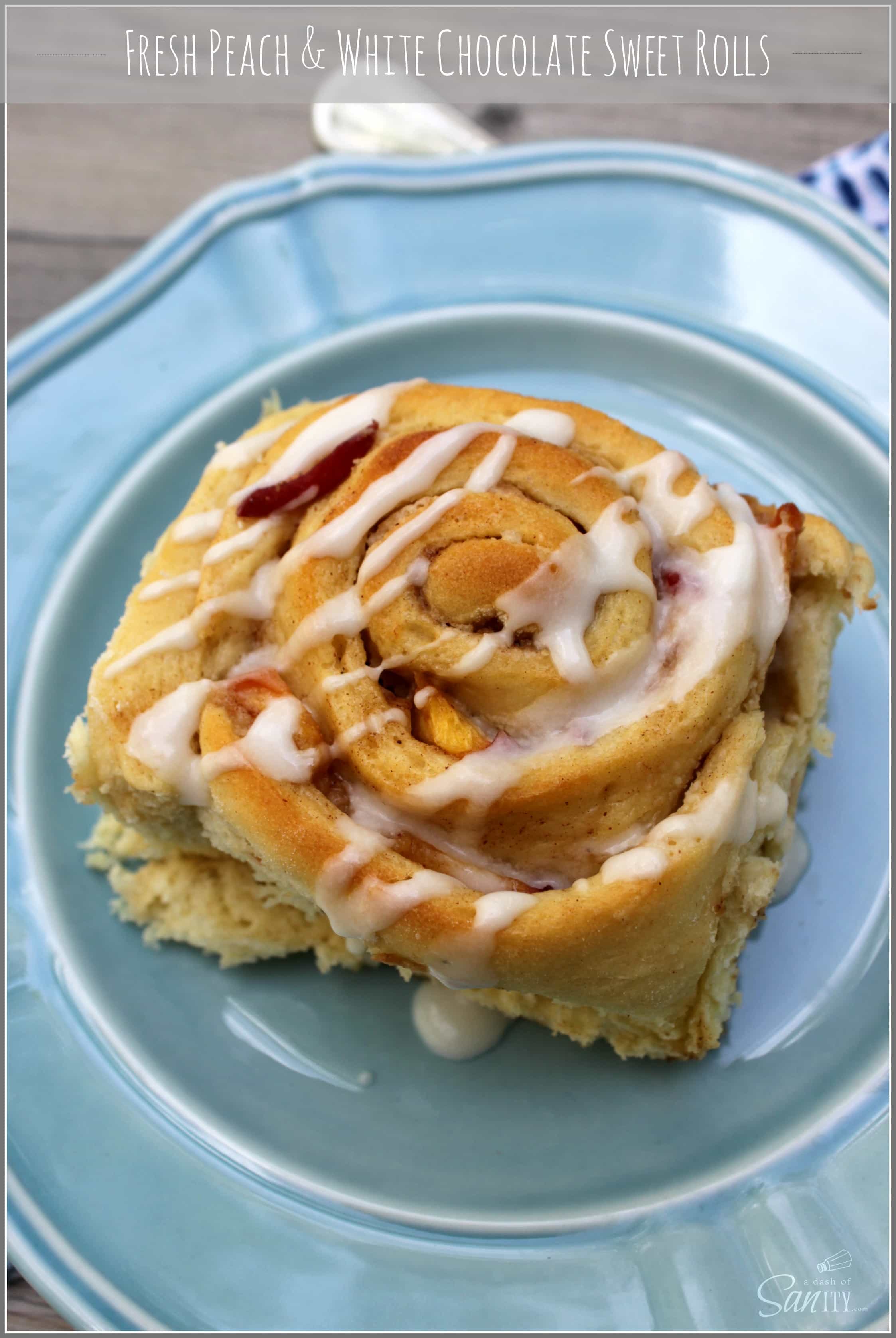 Fresh Peach & White Chocolate Sweet Rolls with white chocolate filling, fresh peaches, cinnamon, and sugar will please anyone with a sweet tooth or not. Fresh Peach & White Chocolate Sweet Rolls
