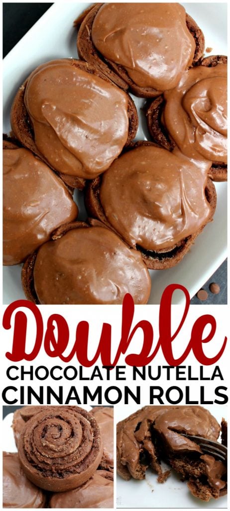 Double Chocolate Nutella Cinnamon Rolls are the best treat ever made. A chocolate sweet roll with a Nutella cinnamon center and fudgey chocolate frosting. Double Chocolate Nutella Cinnamon Rolls pinterest image