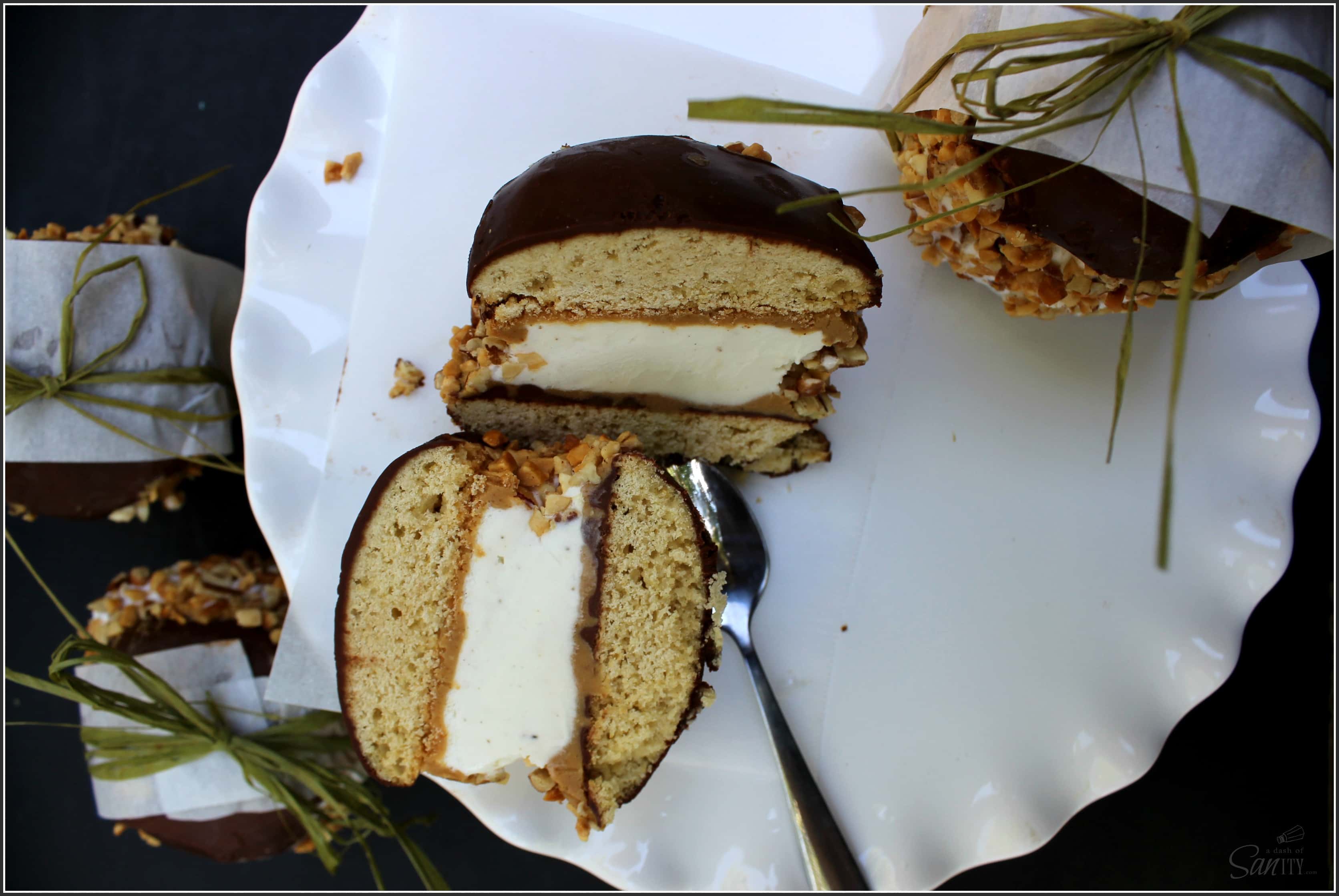 Homemade Tagalong Ice Cream Sliders- a vanilla wafer slider covered in chocolate ganache with layers of peanut butter and a vanilla ice cream center.