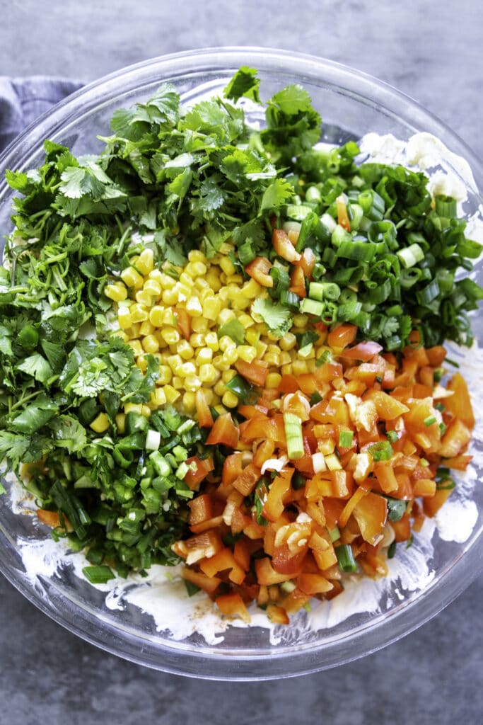 overhead shot of fresh ingredients for potato salad