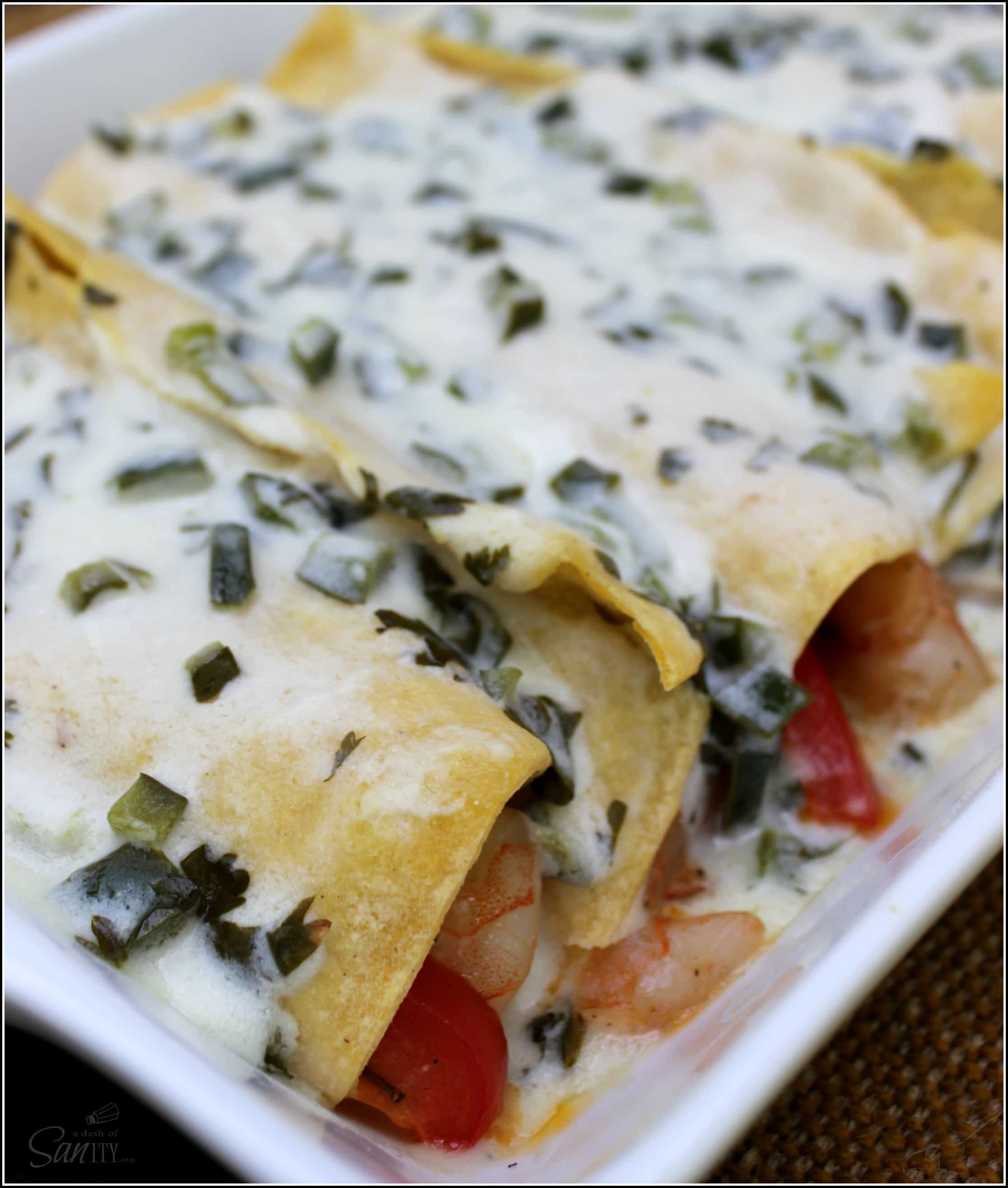 Try these Shrimp Enchiladas with Poblano Cream Sauce. They are a light & refreshing twist on classic enchiladas smothered in a creamy homemade sauce. Try these Shrimp Enchiladas with Poblano Cream Sauce. They are a light & refreshing twist on classic enchiladas smothered in a creamy homemade sauce.
