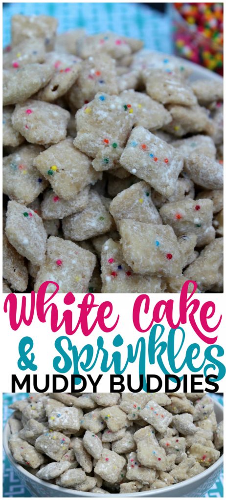 These White Cake & Sprinkles Muddy Buddies are a delicious snack sized twist on classic white cake that taste just like the real thing. White Cake & Sprinkles Muddy Buddies pinterest image