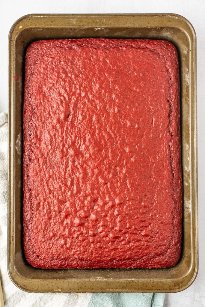 overhead photo of a baked red velvet cake