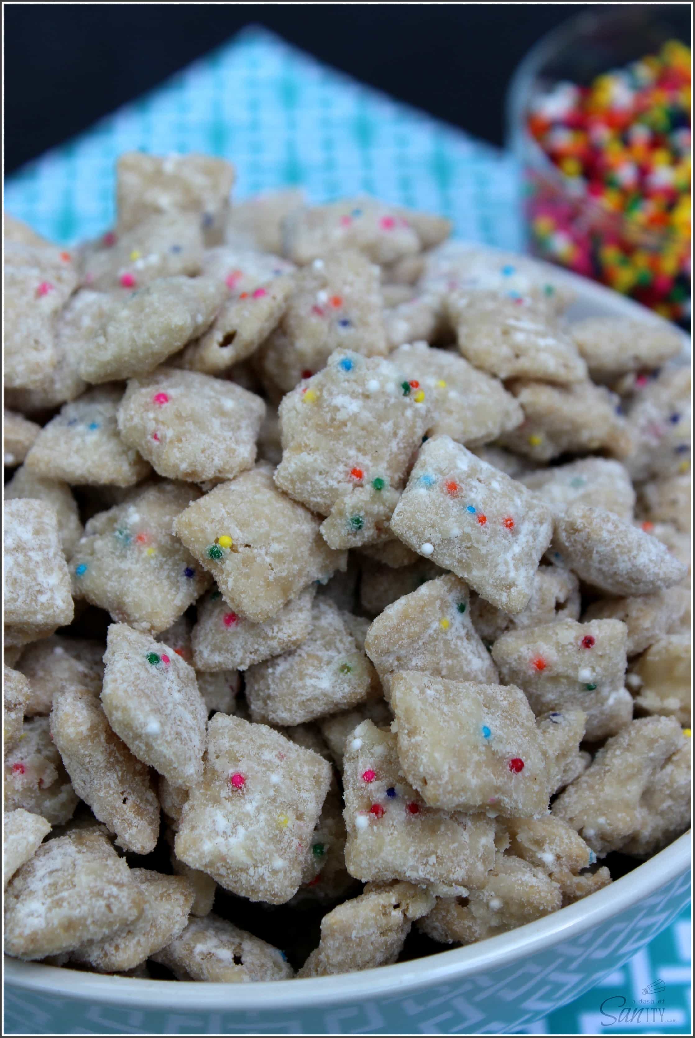 These White Cake & Sprinkles Muddy Buddies are a delicious snack sized twist on classic white cake that taste just like the real thing. These White Cake & Sprinkles Muddy Buddies are a delicious snack sized twist on classic white cake that taste just like the real thing.