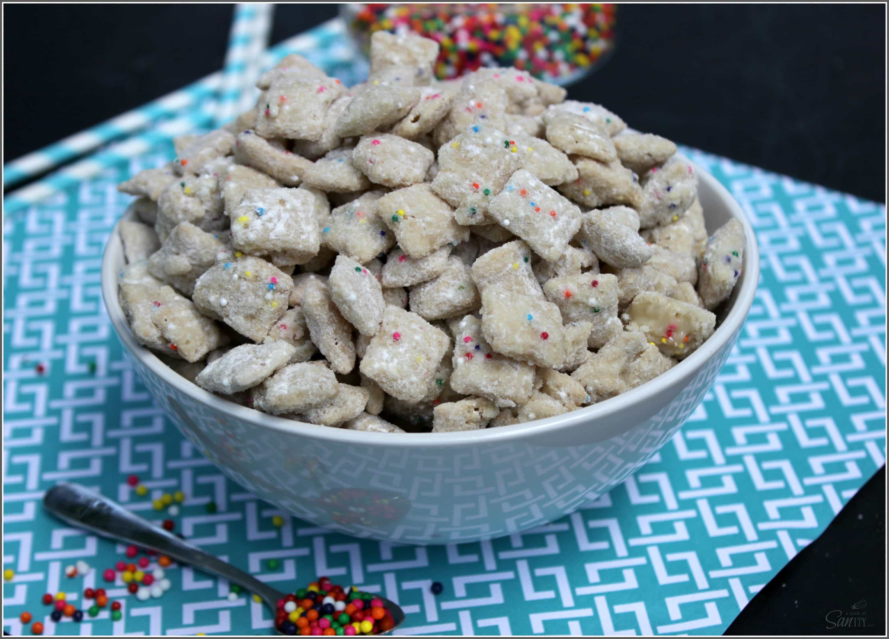 These White Cake & Sprinkles Muddy Buddies are a delicious snack sized twist on classic white cake that taste just like the real thing. These White Cake & Sprinkles Muddy Buddies are a delicious snack sized twist on classic white cake that taste just like the real thing.