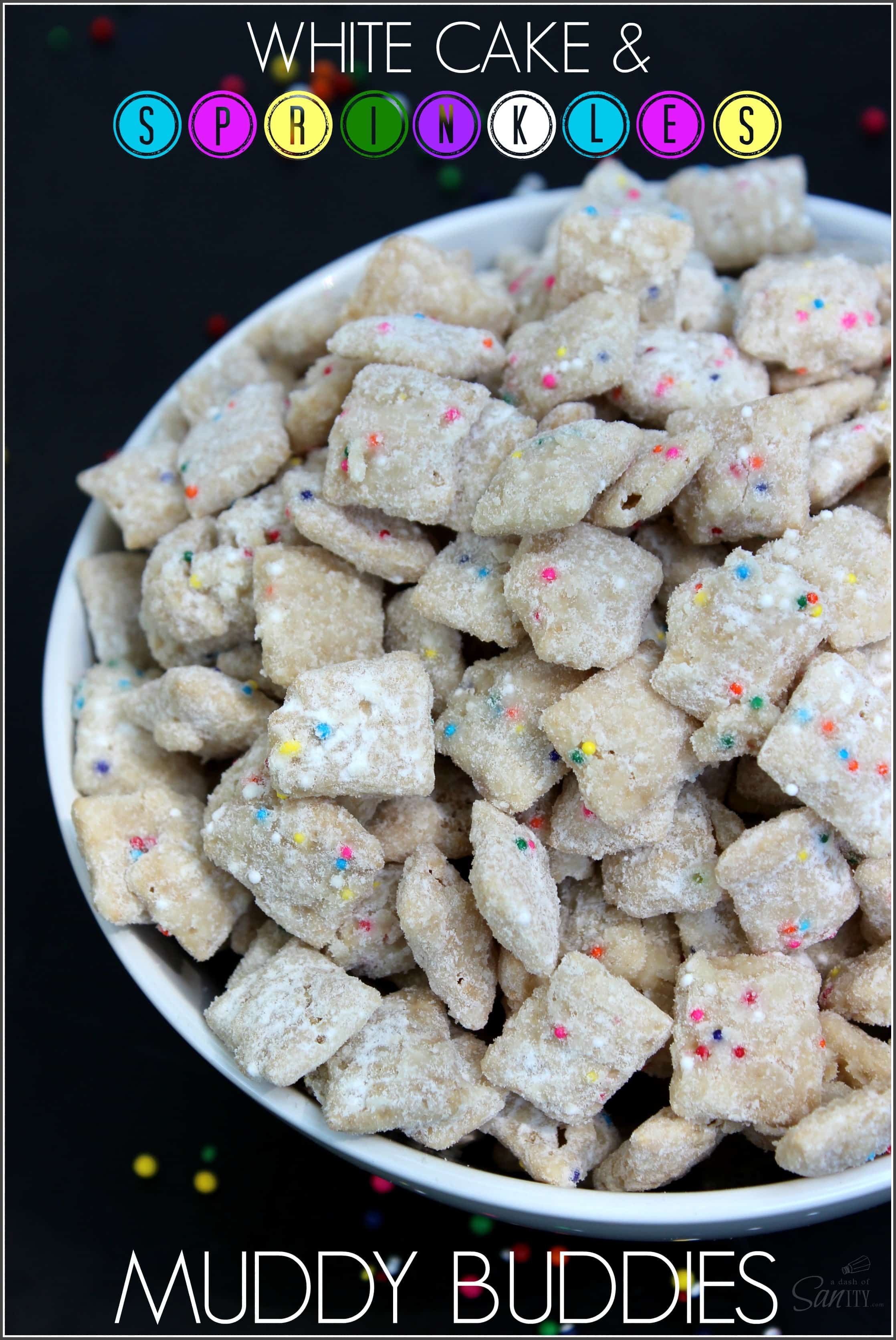 These White Cake & Sprinkles Muddy Buddies are a delicious snack sized twist on classic white cake that taste just like the real thing. White Cake & Sprinkles Muddy Buddies