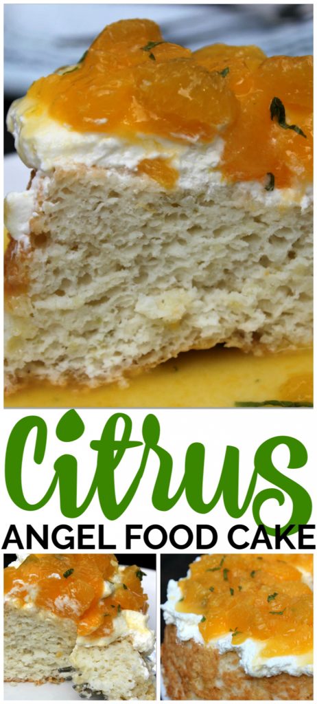 Citrus Angel Food Cake Topped with Fresh Oranges and Mint is a classic cake made with non-traditional twist. It is the perfect mix of sweet and tangy. Citrus Angel Food Cake Topped Fresh Oranges & Mint pinterest image