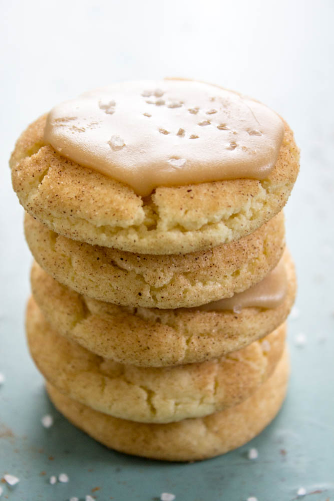 close up stack of White Chocolate Caramel Snickerdoodles 