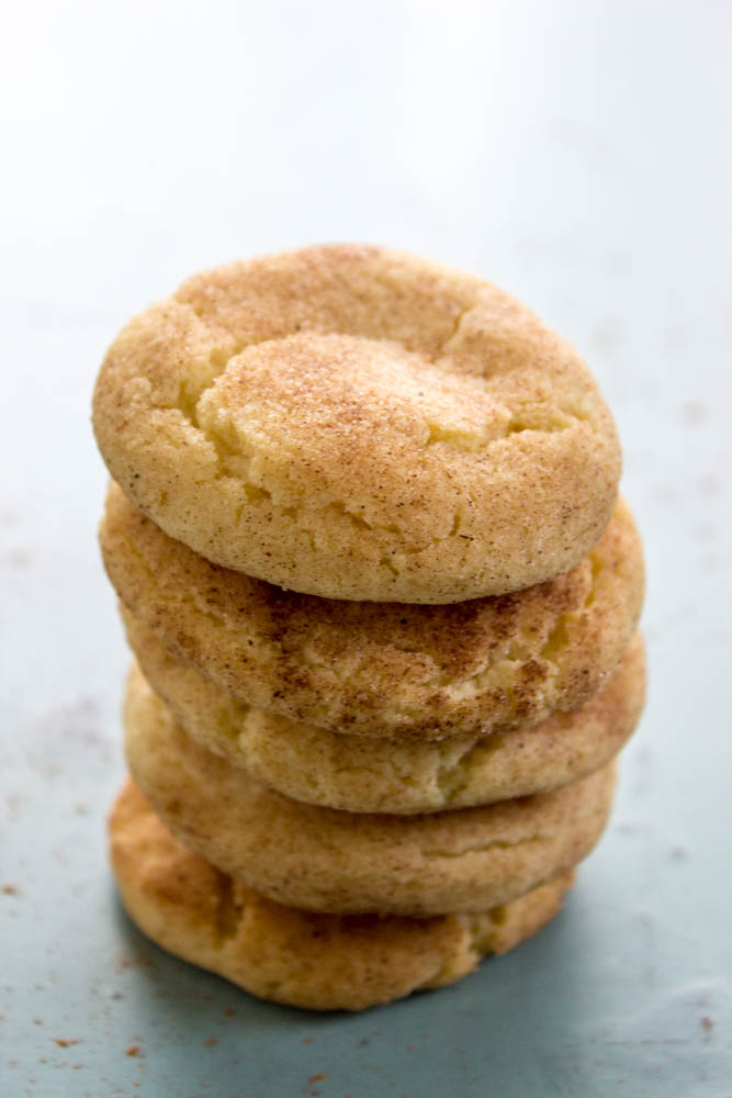 photo of a stack of 5 soft snickerdoodle cookies without white chocolate caramel icing