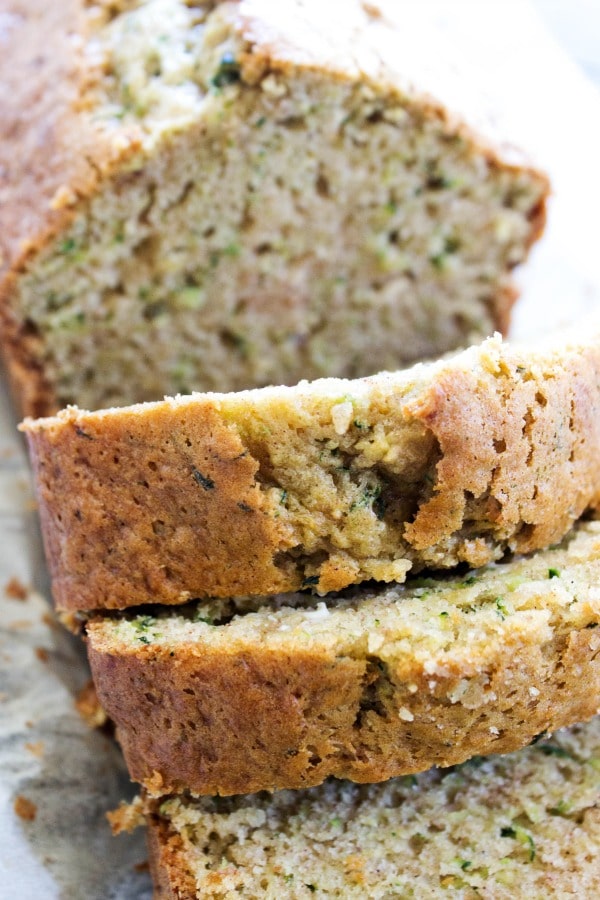 This BEST EVER ZUCCHINI BREAD recipe comes from my grandma, so naturally there isn't a better zucchini bread recipe out there. loaf of ZUCCHINI BREAD cut into slices