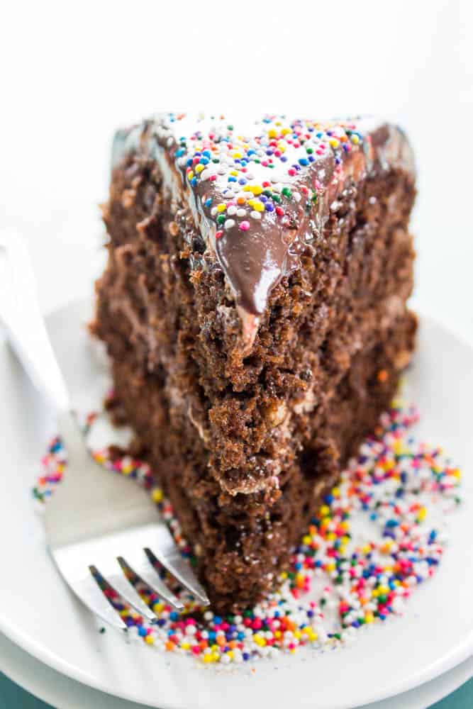 This Double Chocolate Nutella Cake has layers of rich chocolate & Nutella. It's simple and easy to put together with two family favorite ingredients. photo of a slice of Double Chocolate Nutella Cake on a white plate with rainbow sprinkles and a fork
