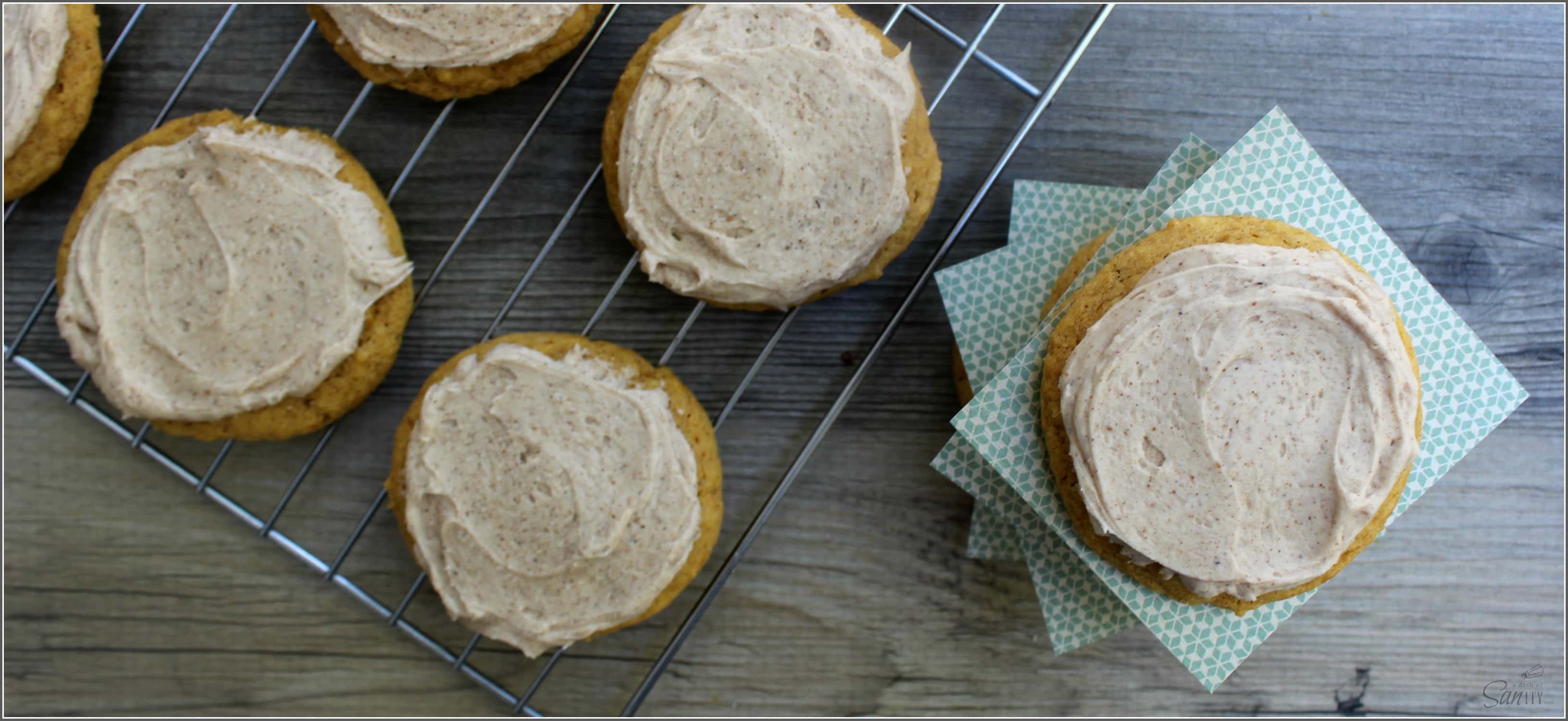 These chewy Frosted Soft Pumpkin Sugar Cookies are topped with a Pumpkin Spiced Buttercream. They are a perfect fall twist on classic sugar cookies.