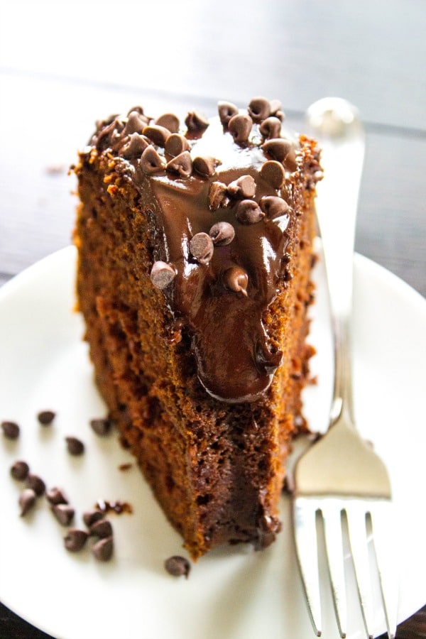 slice of chocolate cake with chocolate chips and ganache