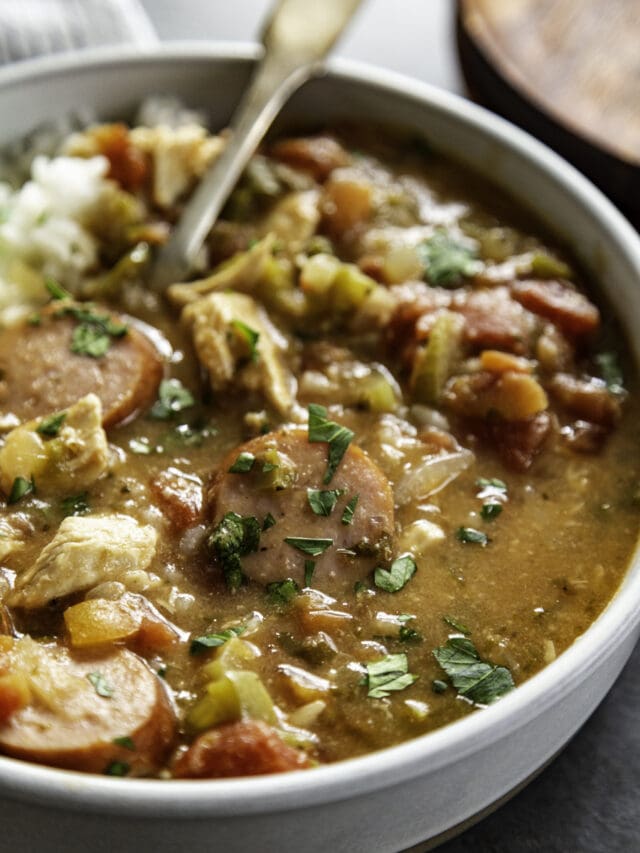 close up shot of gumbo in bowl with rice