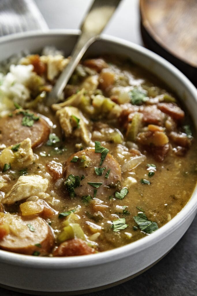 bowl of gumbo with spoon