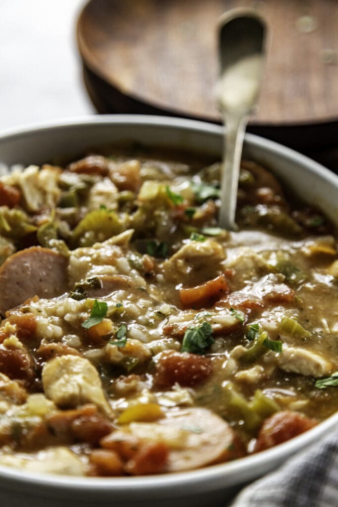 bowl of gumbo with spoon