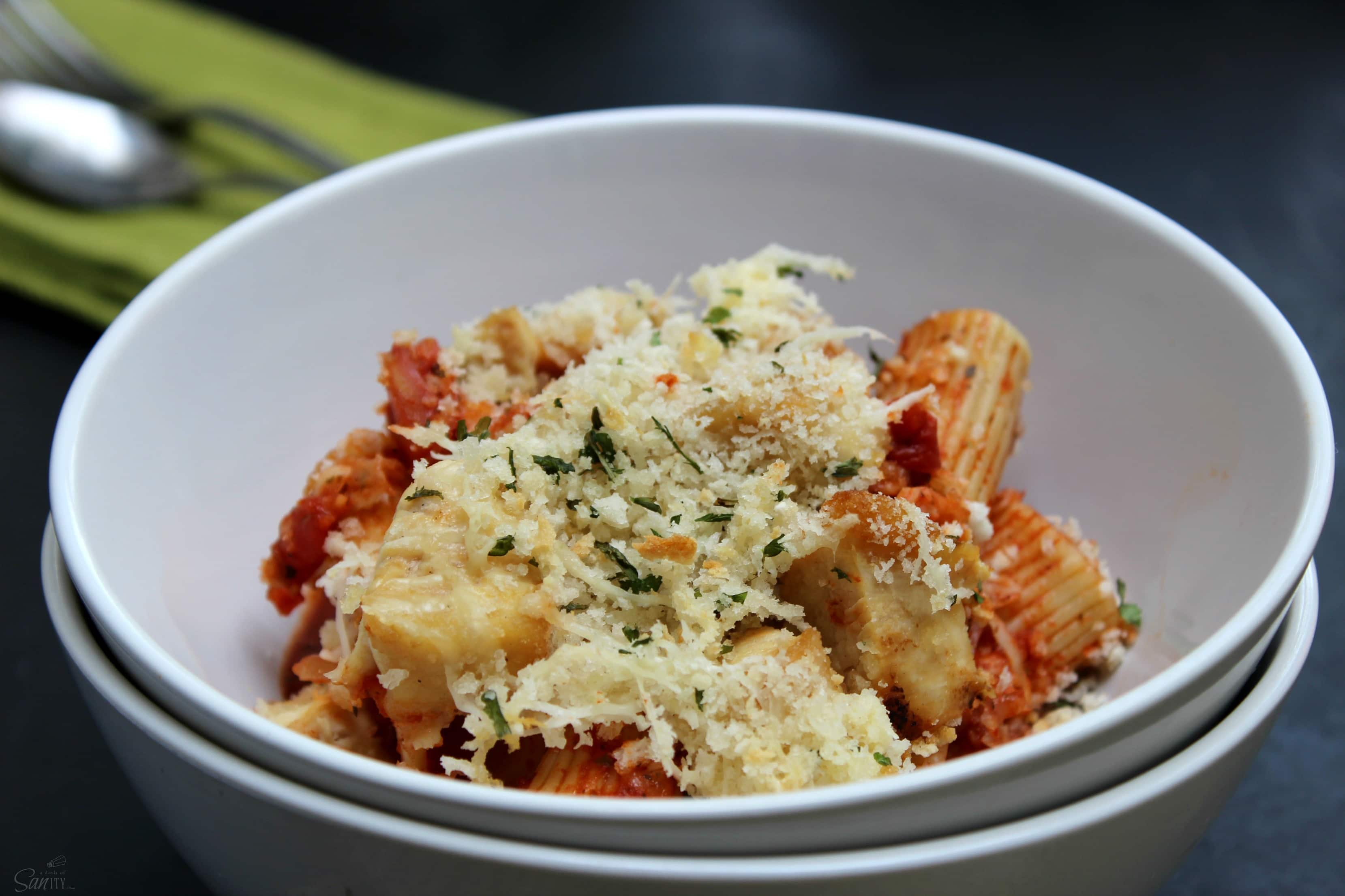 This Chicken Parmesan Pasta Bake is a perfect weeknight meal. It is easy to prepare while keeping all the traditional flavors from classic Chicken Parmesan.