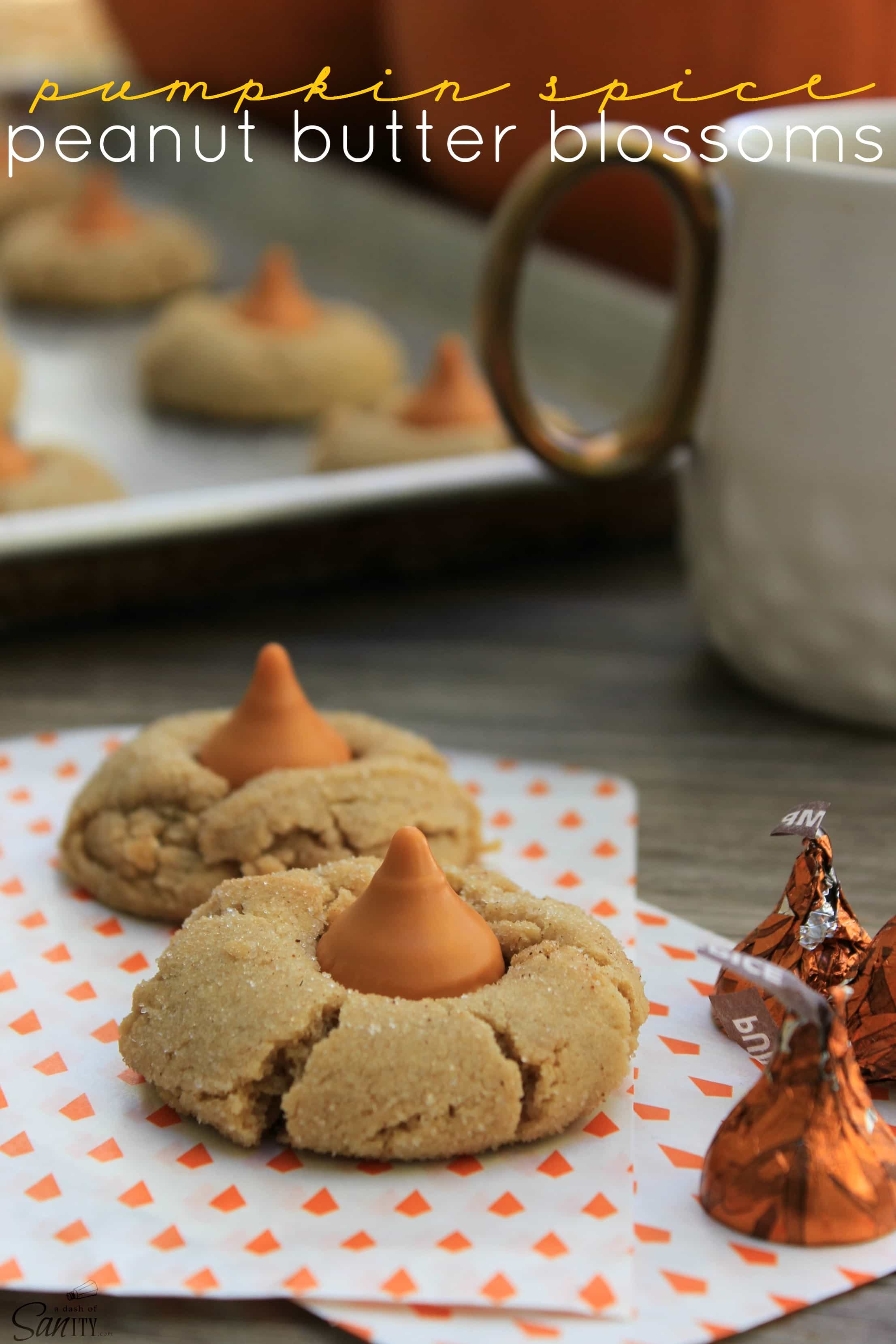 These Pumpkin Spice Peanut Butter Blossoms are a pumpkin-spice peanut butter cookie topped with a Pumpkin Spice Hershey Kiss. They are a perfect fall treat. Pumpkin Spice Peanut Butter Blossoms