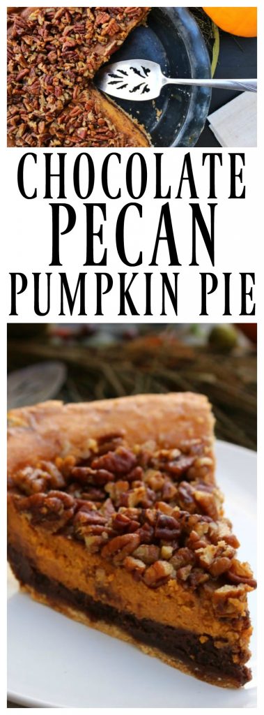 Chocolate Pecan Pumpkin Pie rich chocolate "brownie like" bottom, classic pumpkin pie and topped with pecans all baked into one delicious pie.