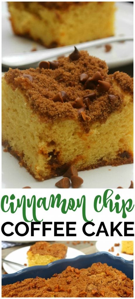 This Cinnamon Chip Coffee Cake is a classic delicious coffee cake with a cinnamon chip crumb topping. It makes a great morning treat or an afternoon snack. Cinnamon Chip Coffee Cake pinterest image