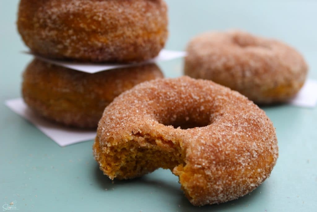 close up photo of cinnamon sugar pumpkin donut with bite taken, with stack of donuts in background