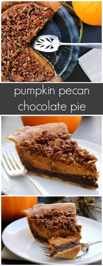 Chocolate Pecan Pumpkin Pie rich chocolate "brownie like" bottom, classic pumpkin pie and topped with pecans all baked into one delicious pie.